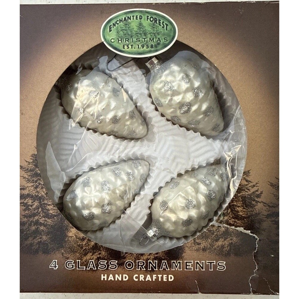 Enchanted Forest White Glass Silver Glitter Snow Pine Cone 4 Christmas Ornaments